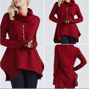 Dark Red Asymmetrical Long Sleeve Cowl Neck Tunic